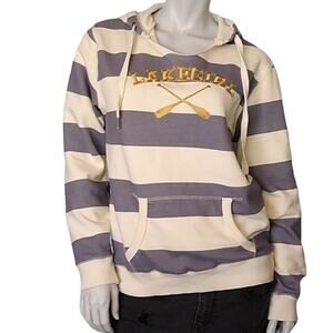 Lakegirl Womens Medium Striped Hooded Sweatshirt Striped Cream Grey Nautical